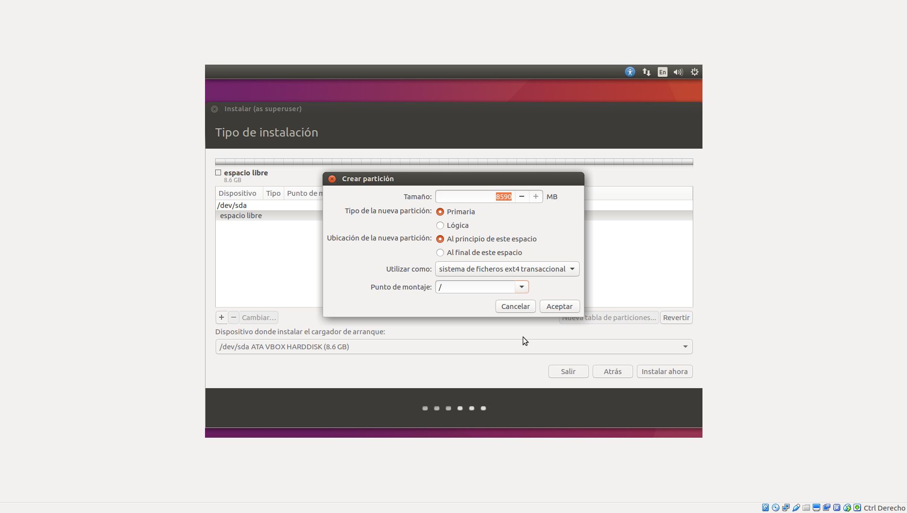 Crear partición principal en Ubuntu