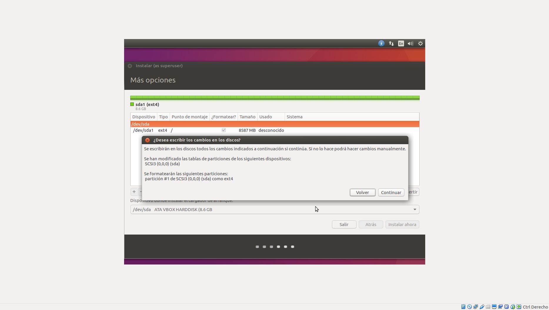 Finalización del particionado en Ubuntu