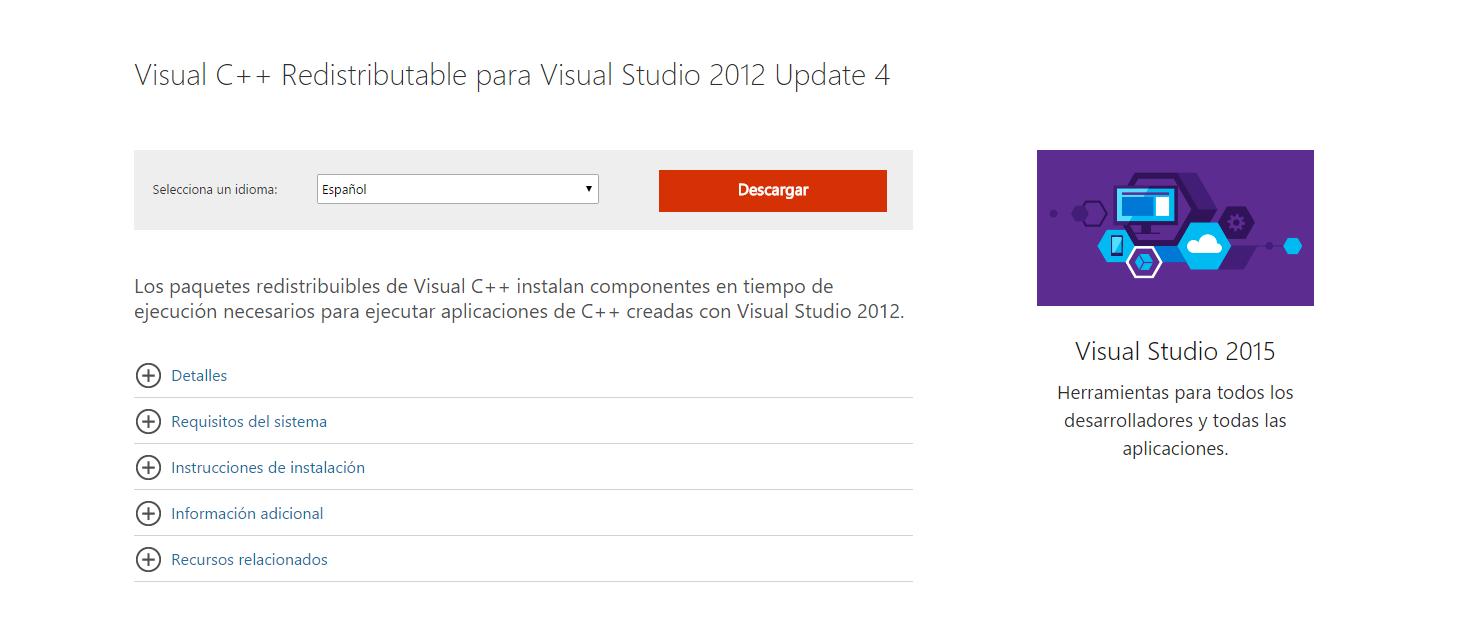 Descargar componente de Visual Studio 2012 de Microsoft