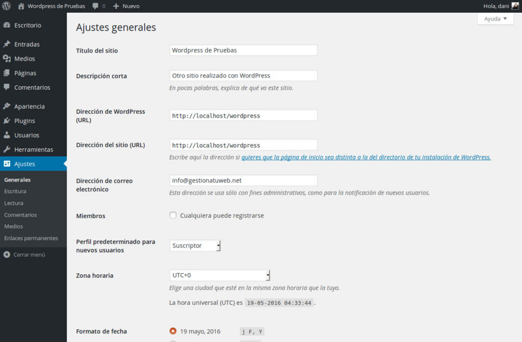 Ajustes generales