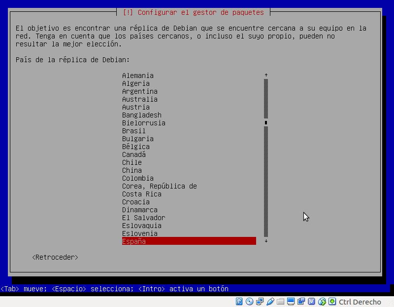 Seleccionar país para la réplica de Debian